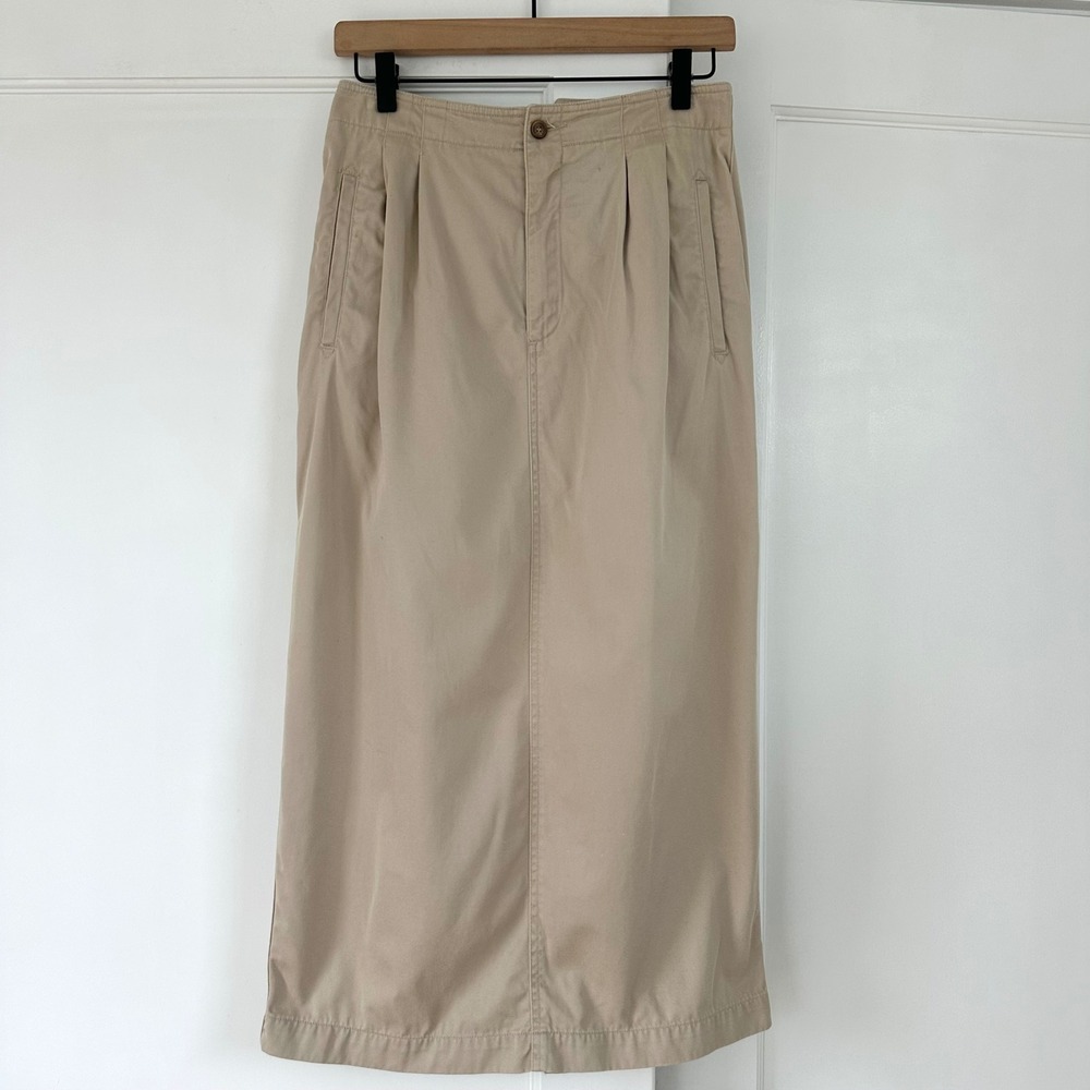 Vintage Liz Sport Khaki Cotton Twill Pleated Midi Skirt Tan Women 8 Medium